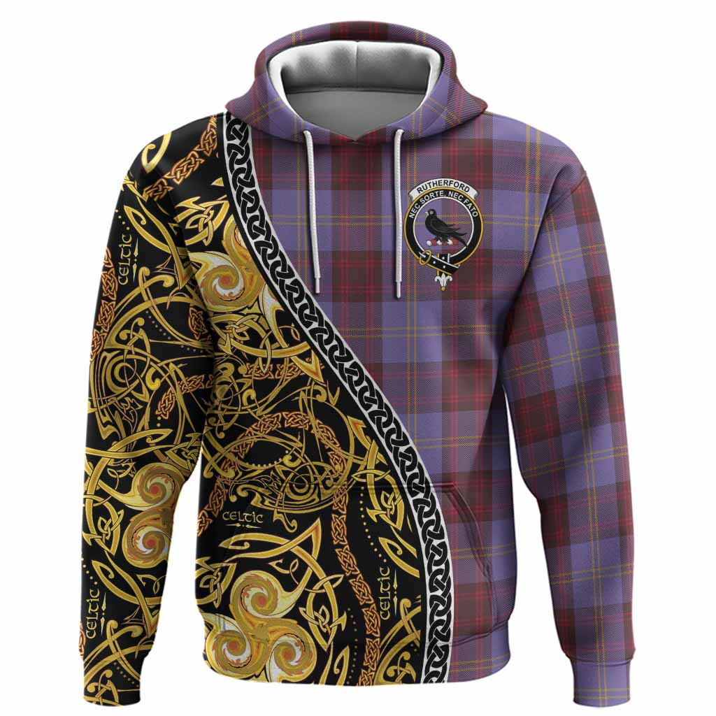 Rutherford Tartan Crest Hoodie Celtic Knot and Triple Trickle Spiral Symbols