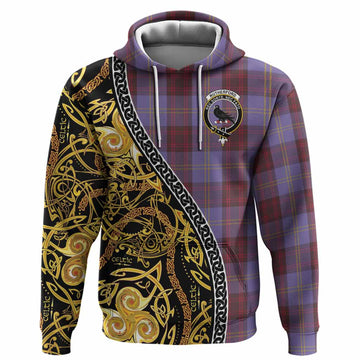 Rutherford Tartan Crest Hoodie Celtic Knot and Triple Trickle Spiral Symbols