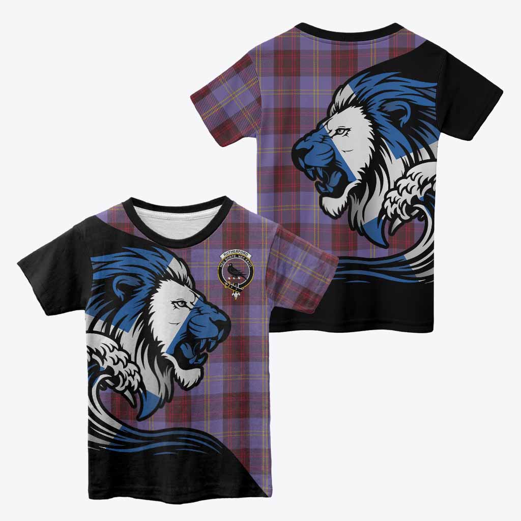 Rutherford Tartan Crest Kid T-shirt Scottish Golden Lions Wave Flow
