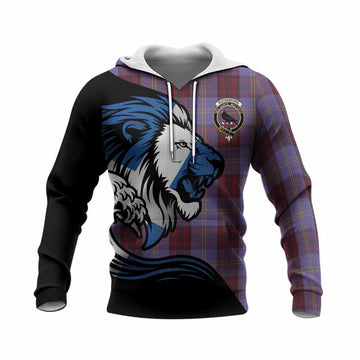 Rutherford Tartan Crest Knitted Hoodie Scottish Golden Lions Wave Flow