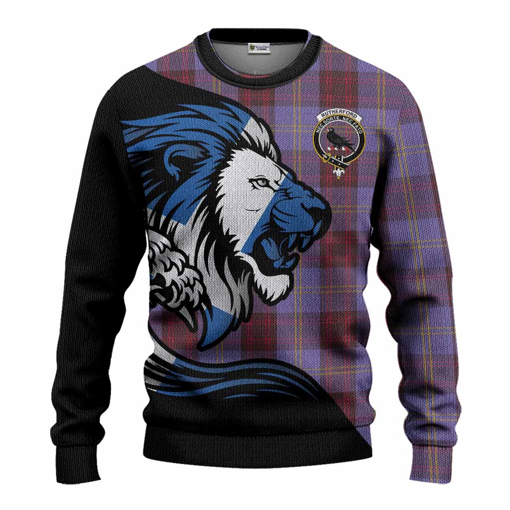Rutherford Tartan Crest Knitted Sweater Scottish Golden Lions Wave Flow