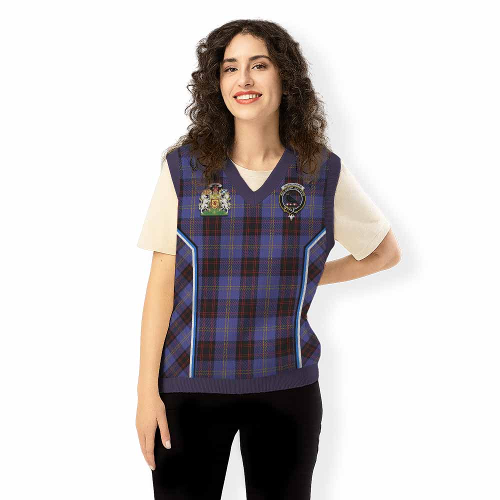 Rutherford Tartan Crest Knitted V-Neck Vest Scotland Coat of Arm Flag Style - Tartan Vibes Clothing