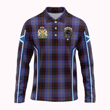 Rutherford Tartan Crest Long Sleeve Polo Shirt Scotland Coat of Arm Flag Style