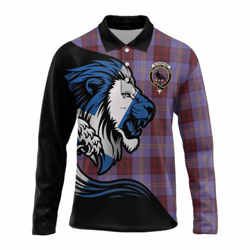 Rutherford Tartan Crest Long Sleeve Polo Shirt Scottish Golden Lions Wave Flow
