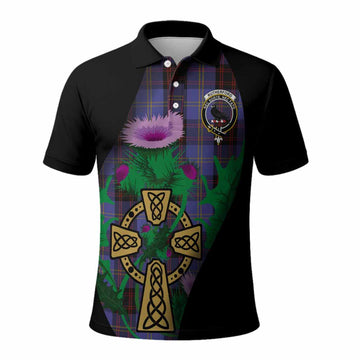Rutherford Tartan Crest Polo Shirt Celtic Cross Thistle Flowers