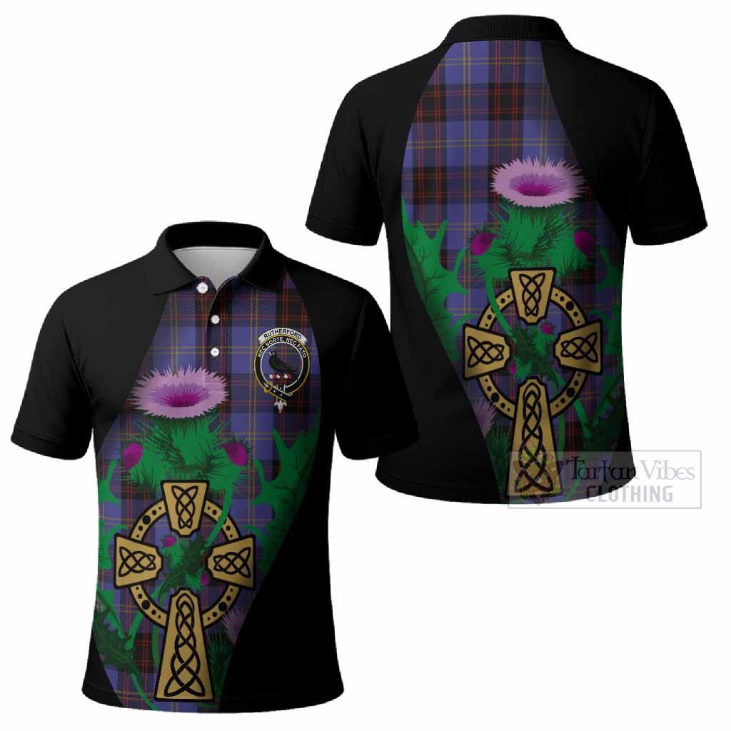 Rutherford Tartan Crest Polo Shirt Celtic Cross Thistle Flowers