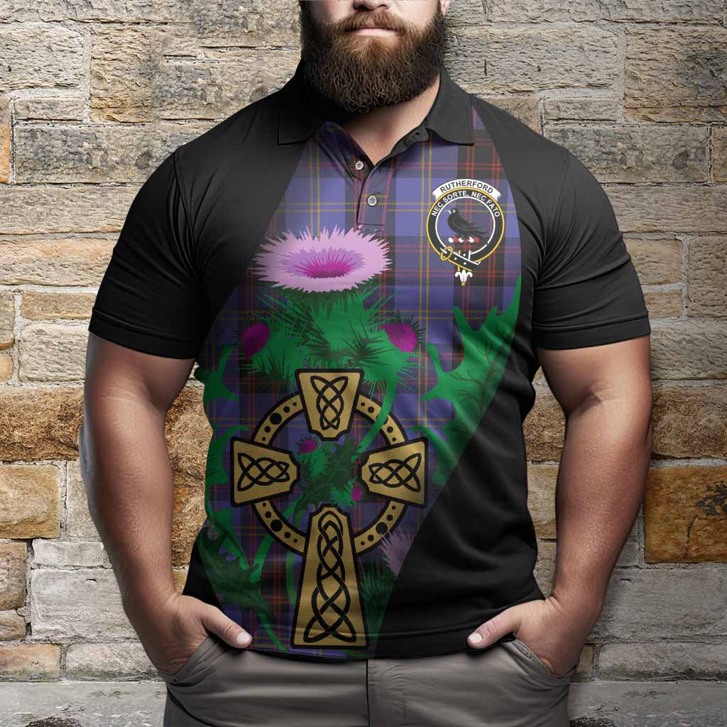 Rutherford Tartan Crest Polo Shirt Celtic Cross Thistle Flowers