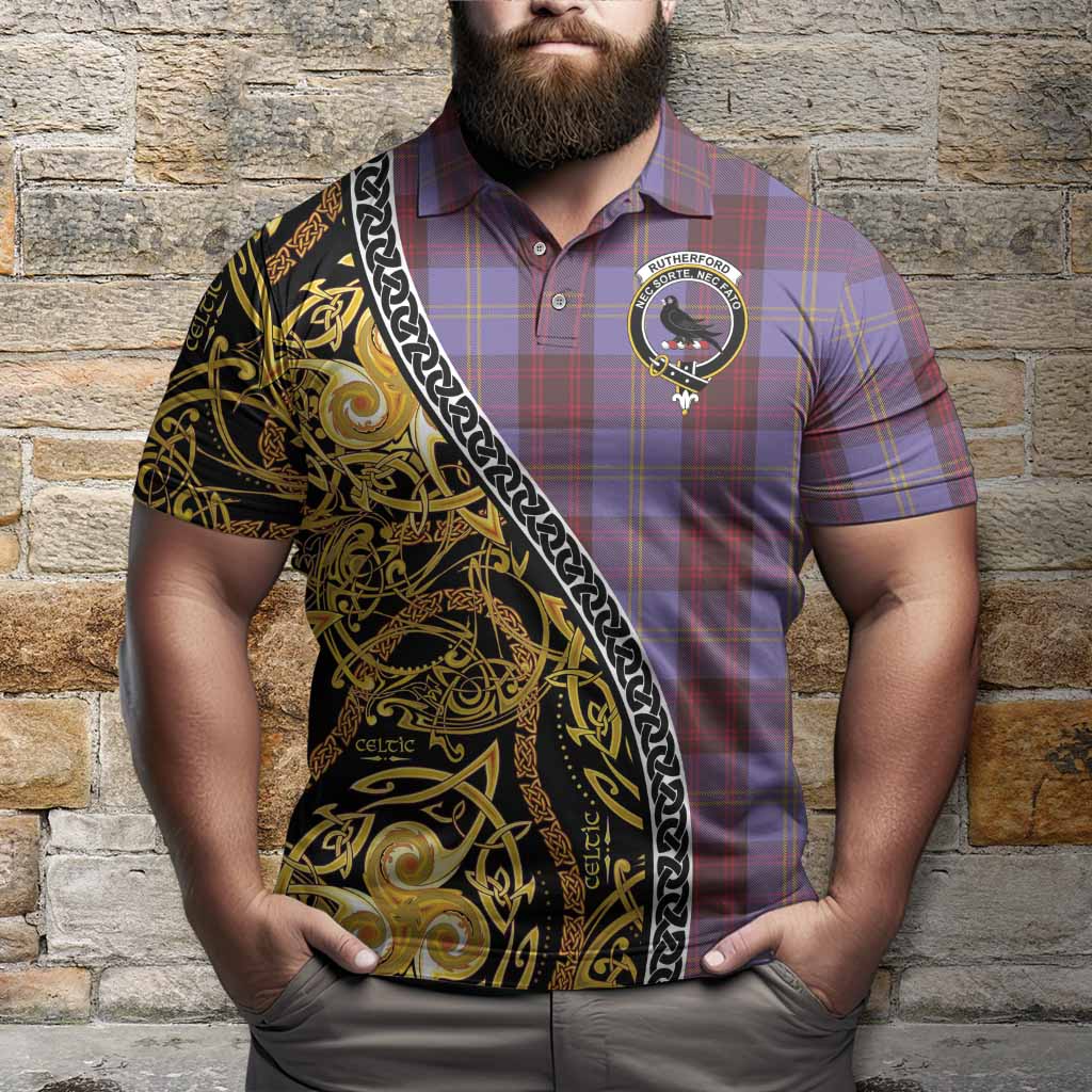 Rutherford Tartan Crest Polo Shirt Celtic Knot and Triple Trickle Spiral Symbols