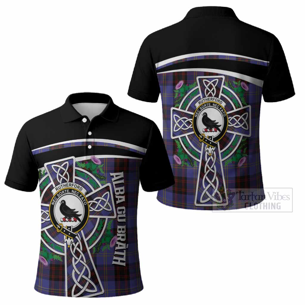 Rutherford Tartan Crest Polo Shirt Scottish Thistle Celtic Cross Alba Gu Brath