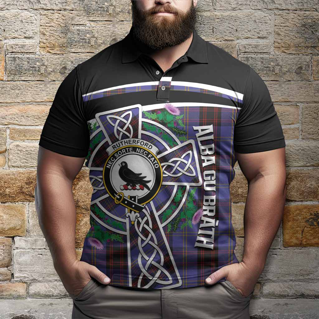 Rutherford Tartan Crest Polo Shirt Scottish Thistle Celtic Cross Alba Gu Brath