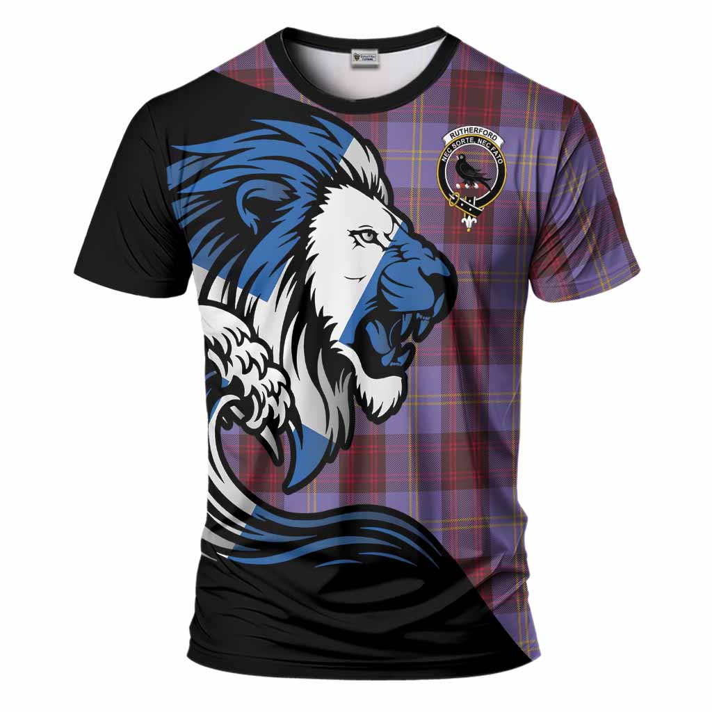 Rutherford Tartan Crest T-Shirt Scottish Golden Lions Wave Flow