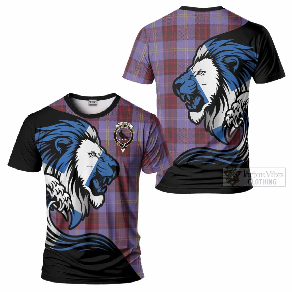 Rutherford Tartan Crest T-Shirt Scottish Golden Lions Wave Flow