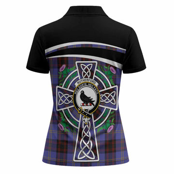 Rutherford Tartan Crest Women Polo Shirt Scottish Thistle Celtic Cross Alba Gu Brath