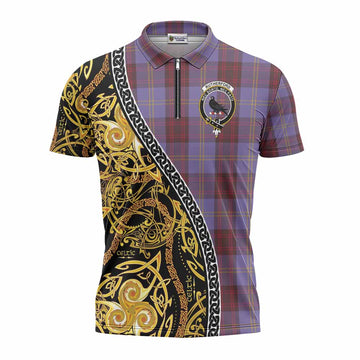 Rutherford Tartan Crest Zipper Polo Shirt Celtic Knot and Triple Trickle Spiral Symbols