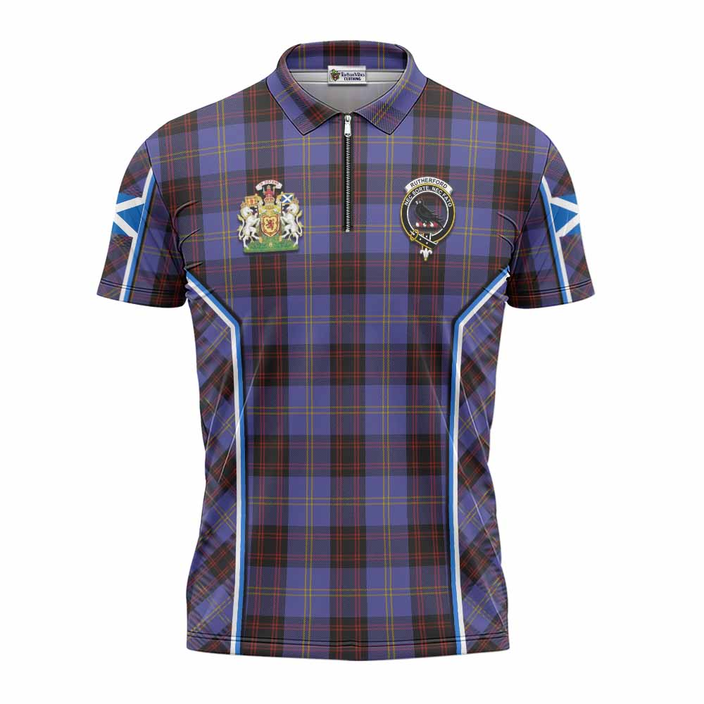 Rutherford Tartan Crest Zipper Polo Shirt Scotland Coat of Arm Flag Style - Tartan Vibes Clothing