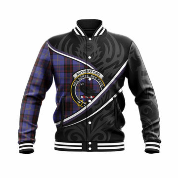 Rutherford Tartan Family Crest Baseball Jacket Celtic Scottish Thistle Floral - Tartan Vibes Clothing