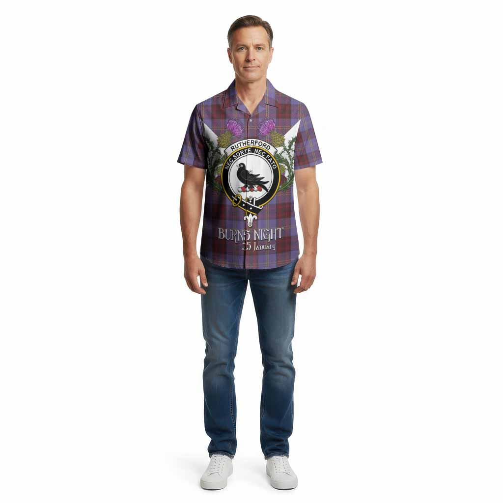 Rutherford Tartan Family Crest Cotton Hawaiian Shirt Scottish Burns Night Thistle Floral