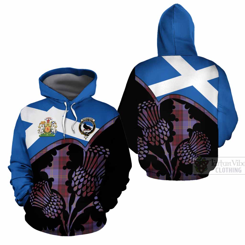 Rutherford Tartan Family Crest Cotton Hoodie Scotland Thistle Floral Flag Style