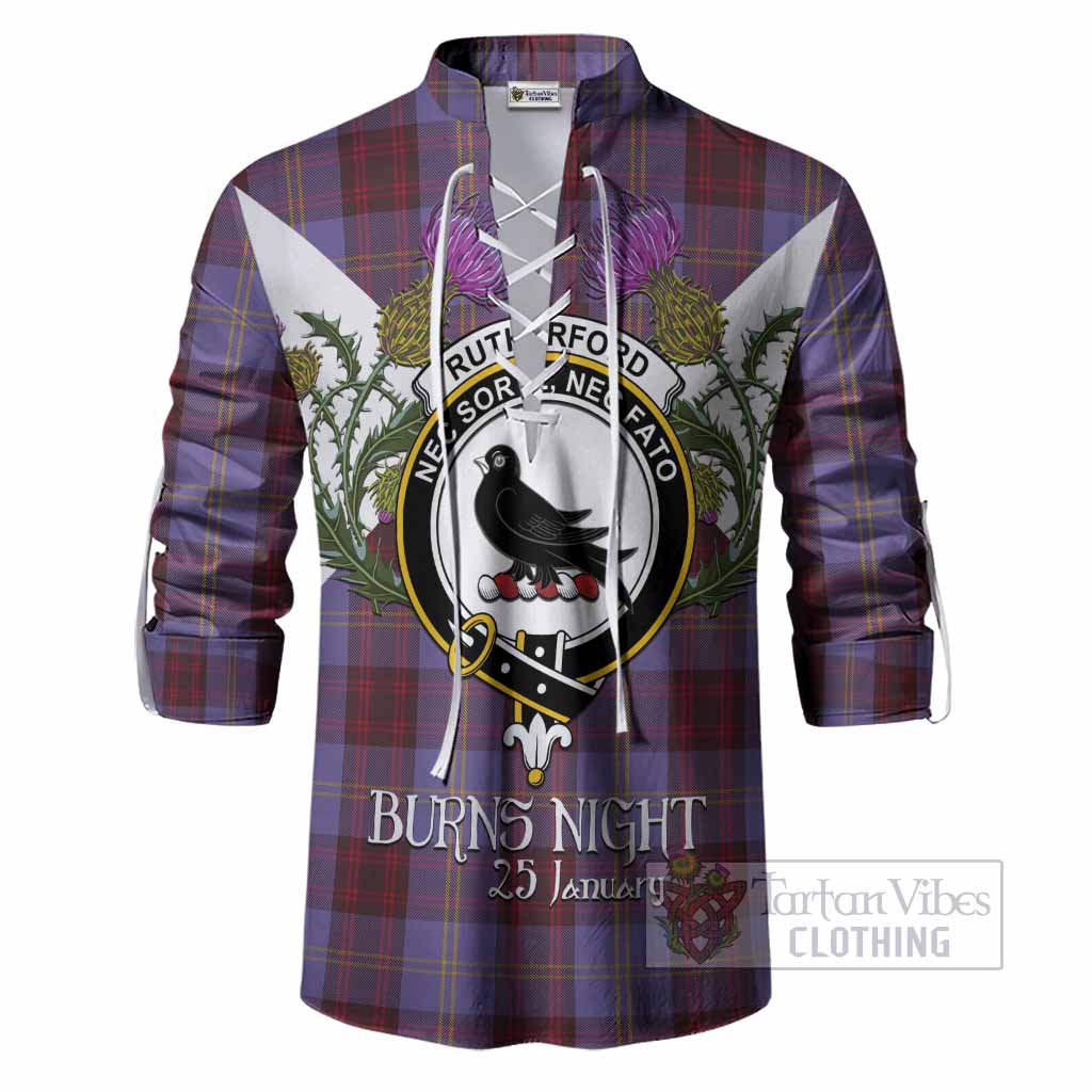Rutherford Tartan Family Crest Ghillie Shirt Scottish Burns Night Thistle Floral