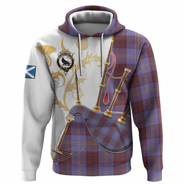 Rutherford Tartan Family Crest Hoodie Bagpipes with Scottish Thistle