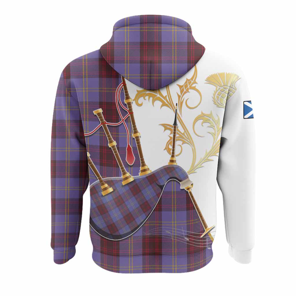 Rutherford Tartan Family Crest Hoodie Bagpipes with Scottish Thistle