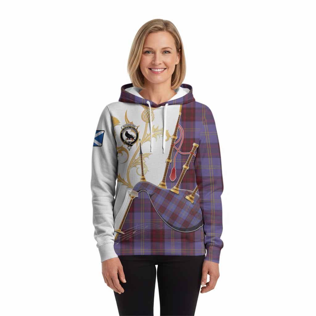 Rutherford Tartan Family Crest Hoodie Bagpipes with Scottish Thistle