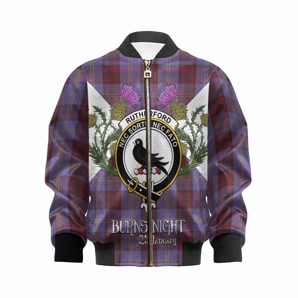 Rutherford Tartan Family Crest Kid Bomber Jacket Scottish Burns Night Thistle Floral