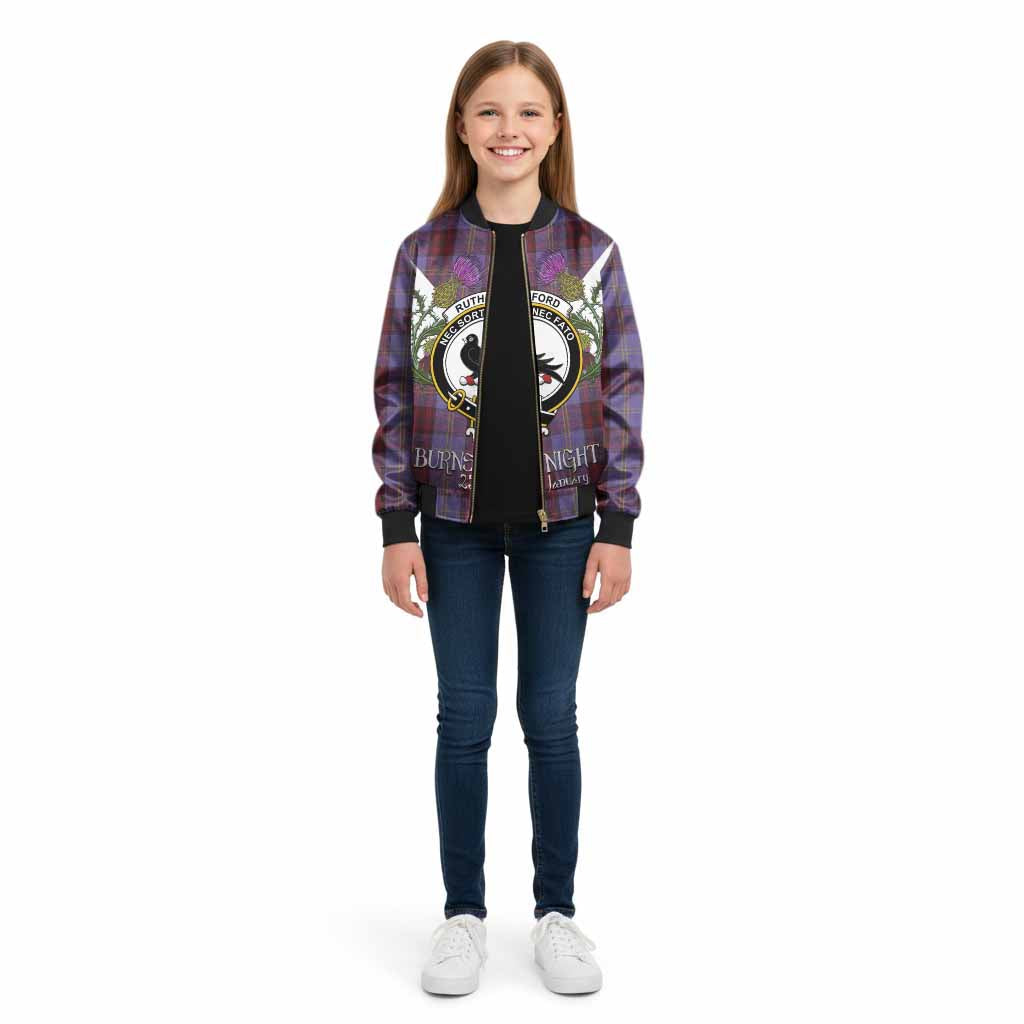 Rutherford Tartan Family Crest Kid Bomber Jacket Scottish Burns Night Thistle Floral