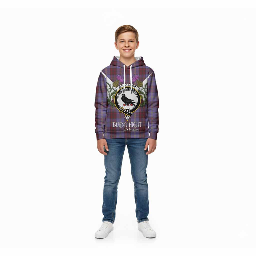 Rutherford Tartan Family Crest Kid Hoodie Scottish Burns Night Thistle Floral