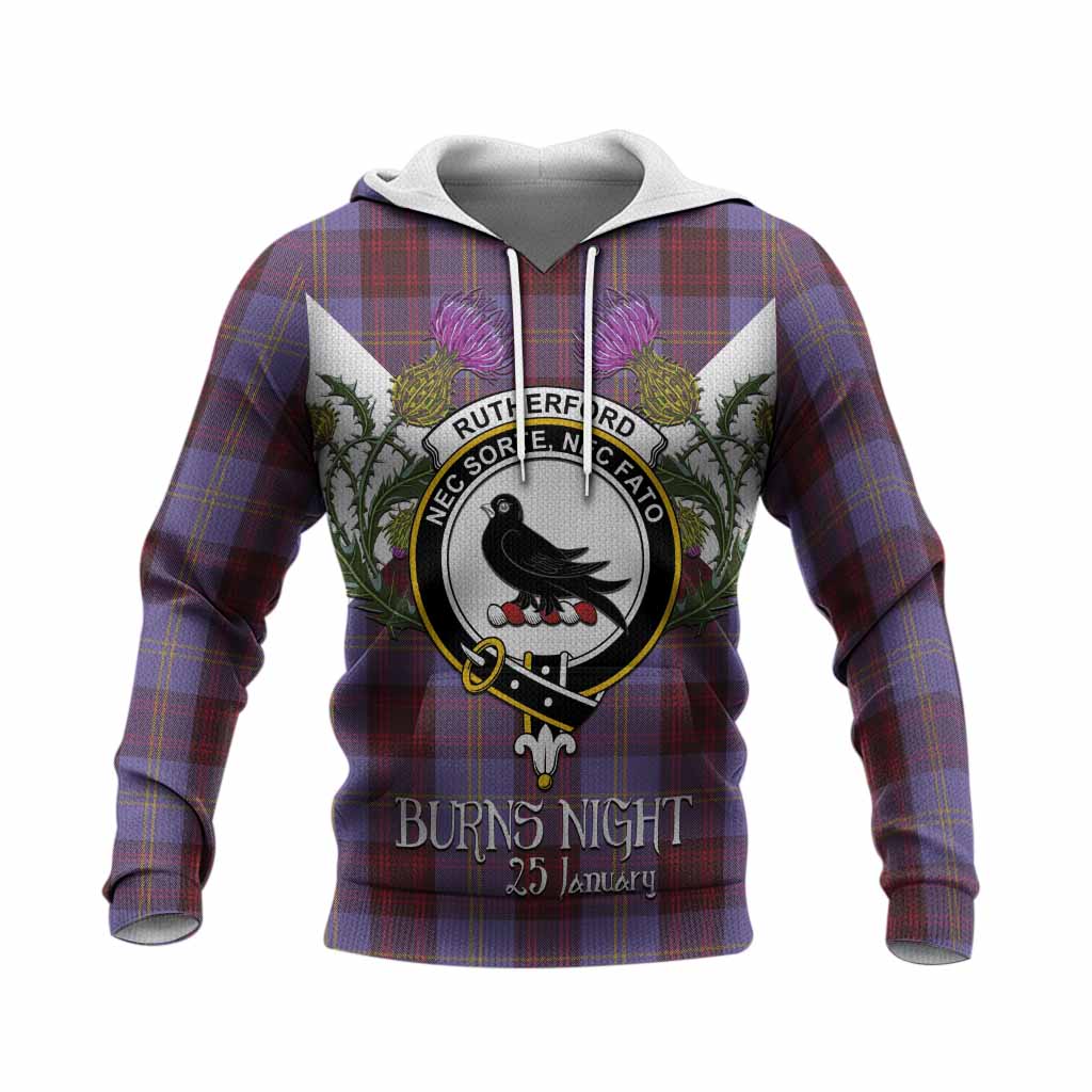 Rutherford Tartan Family Crest Knitted Hoodie Scottish Burns Night Thistle Floral