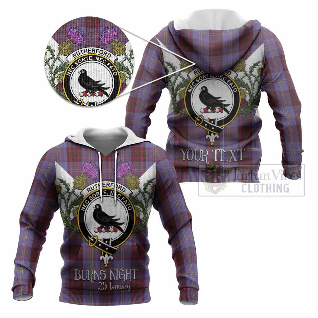 Rutherford Tartan Family Crest Knitted Hoodie Scottish Burns Night Thistle Floral