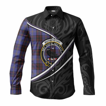 Rutherford Tartan Family Crest Long Sleeve Button Shirts Celtic Scottish Thistle Floral