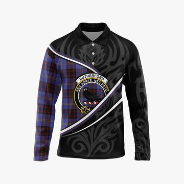 Rutherford Tartan Family Crest Long Sleeve Polo Shirt Celtic Scottish Thistle Floral