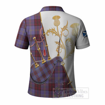 Rutherford Tartan Family Crest Polo Shirt Bagpipes with Scottish Thistle