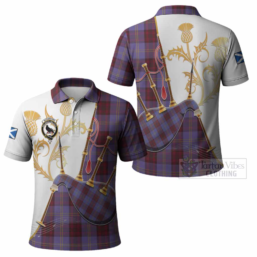 Rutherford Tartan Family Crest Polo Shirt Bagpipes with Scottish Thistle
