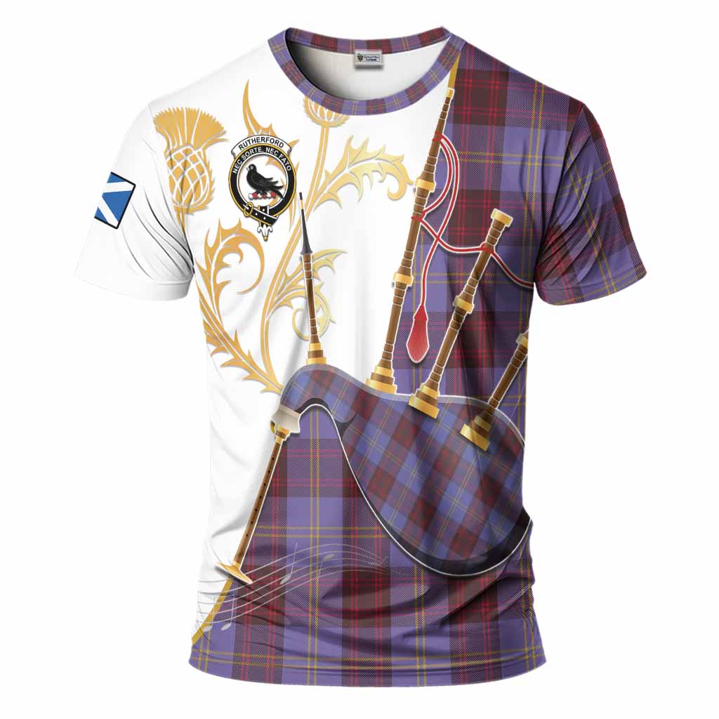 Rutherford Tartan Family Crest T-Shirt Bagpipes with Scottish Thistle