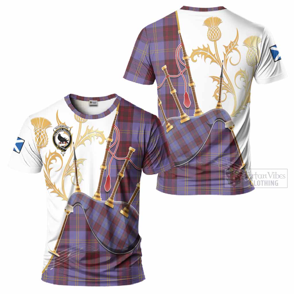Rutherford Tartan Family Crest T-Shirt Bagpipes with Scottish Thistle