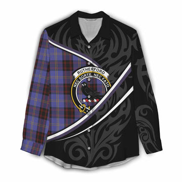 Rutherford Tartan Family Crest Women Casual Shirt Celtic Scottish Thistle Floral
