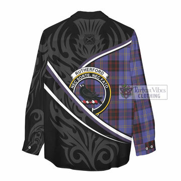 Rutherford Tartan Family Crest Women Casual Shirt Celtic Scottish Thistle Floral