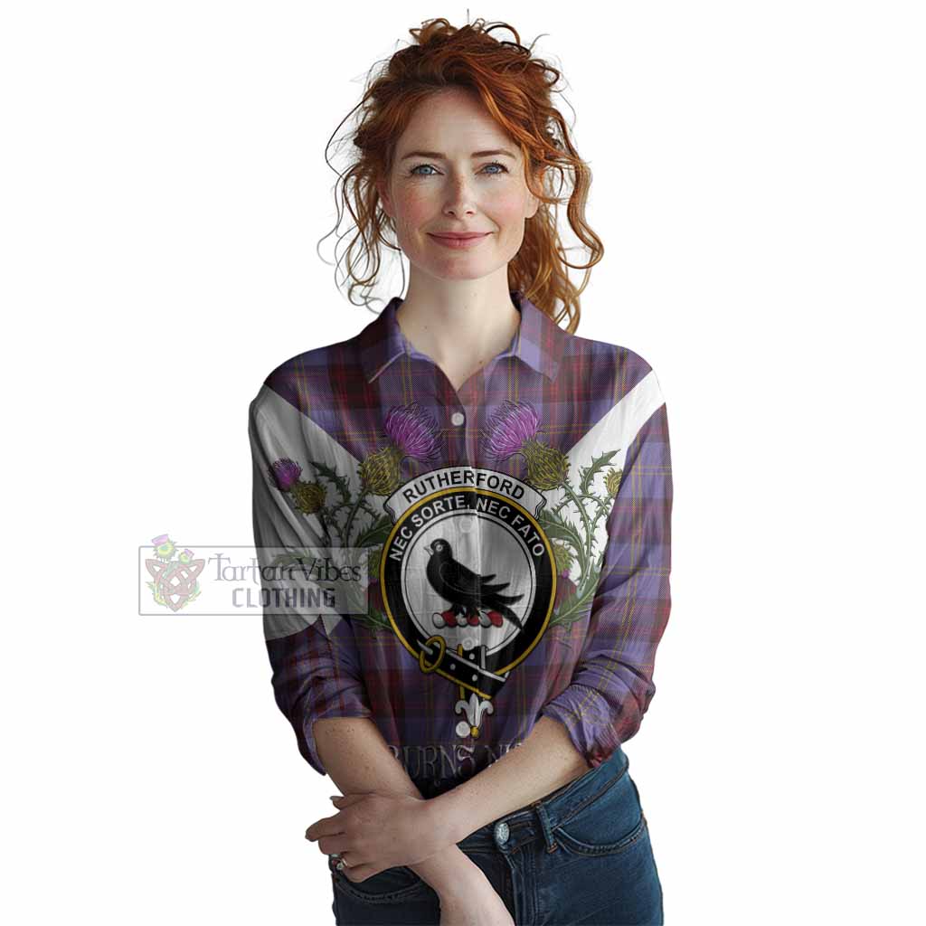 Rutherford Tartan Family Crest Women Casual Shirt Scottish Burns Night Thistle Floral