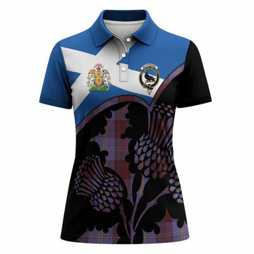 Rutherford Tartan Family Crest Women Polo Shirt Scotland Thistle Floral Flag Style