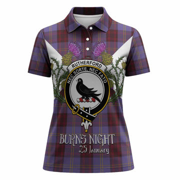 Rutherford Tartan Family Crest Women Polo Shirt Scottish Burns Night Thistle Floral