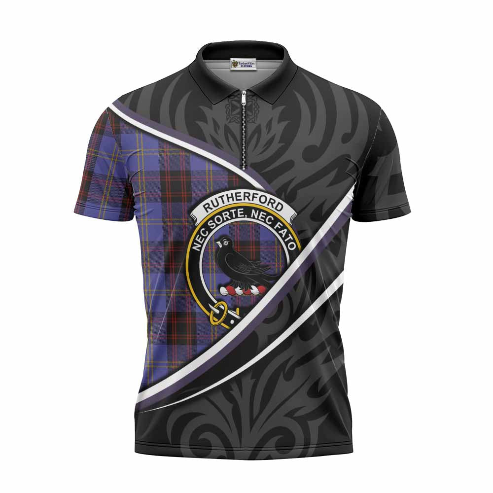 Rutherford Tartan Family Crest Zipper Polo Shirt Celtic Scottish Thistle Floral - Tartan Vibes Clothing
