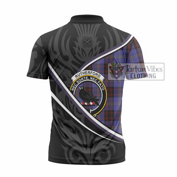 Rutherford Tartan Family Crest Zipper Polo Shirt Celtic Scottish Thistle Floral