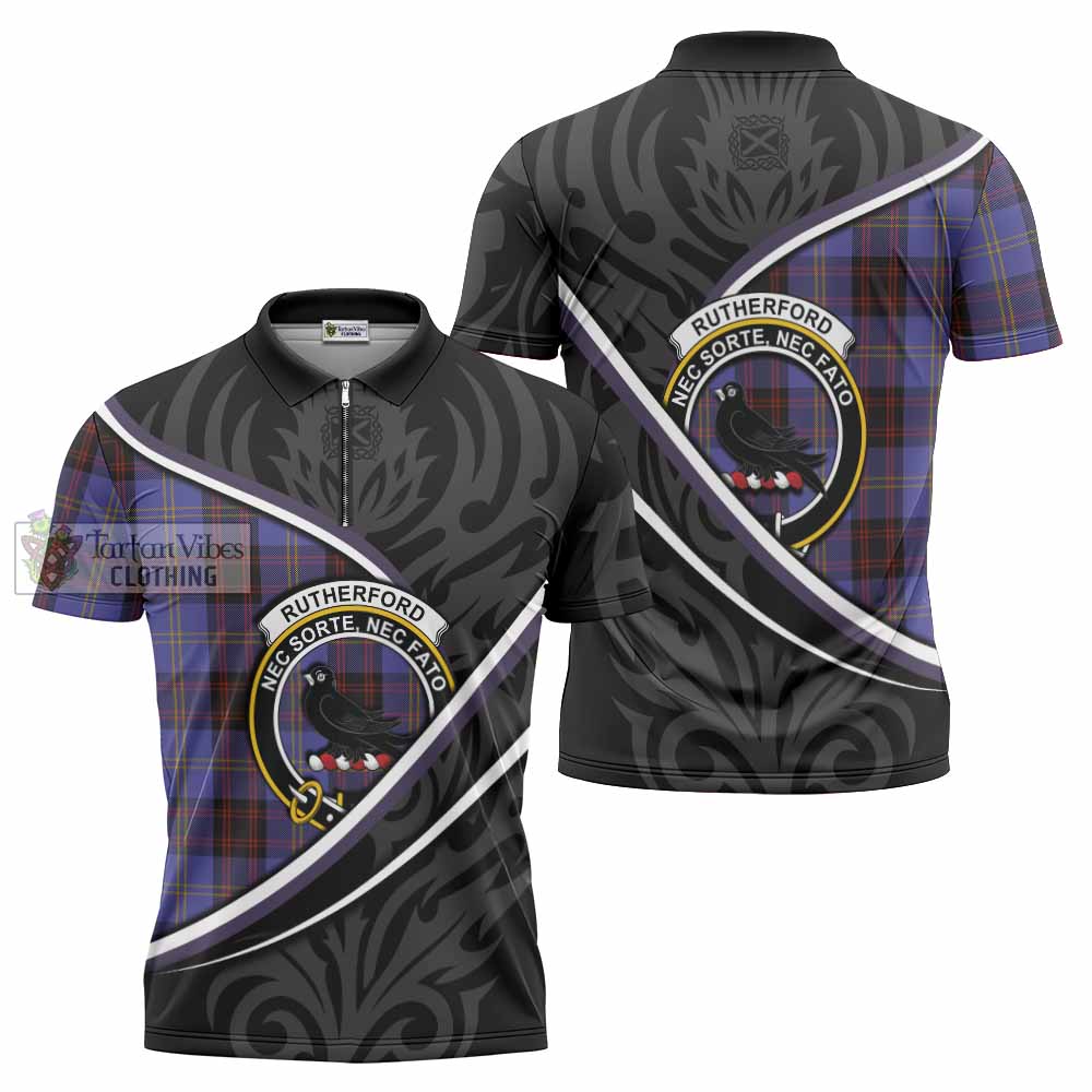 Rutherford Tartan Family Crest Zipper Polo Shirt Celtic Scottish Thistle Floral - Tartan Vibes Clothing