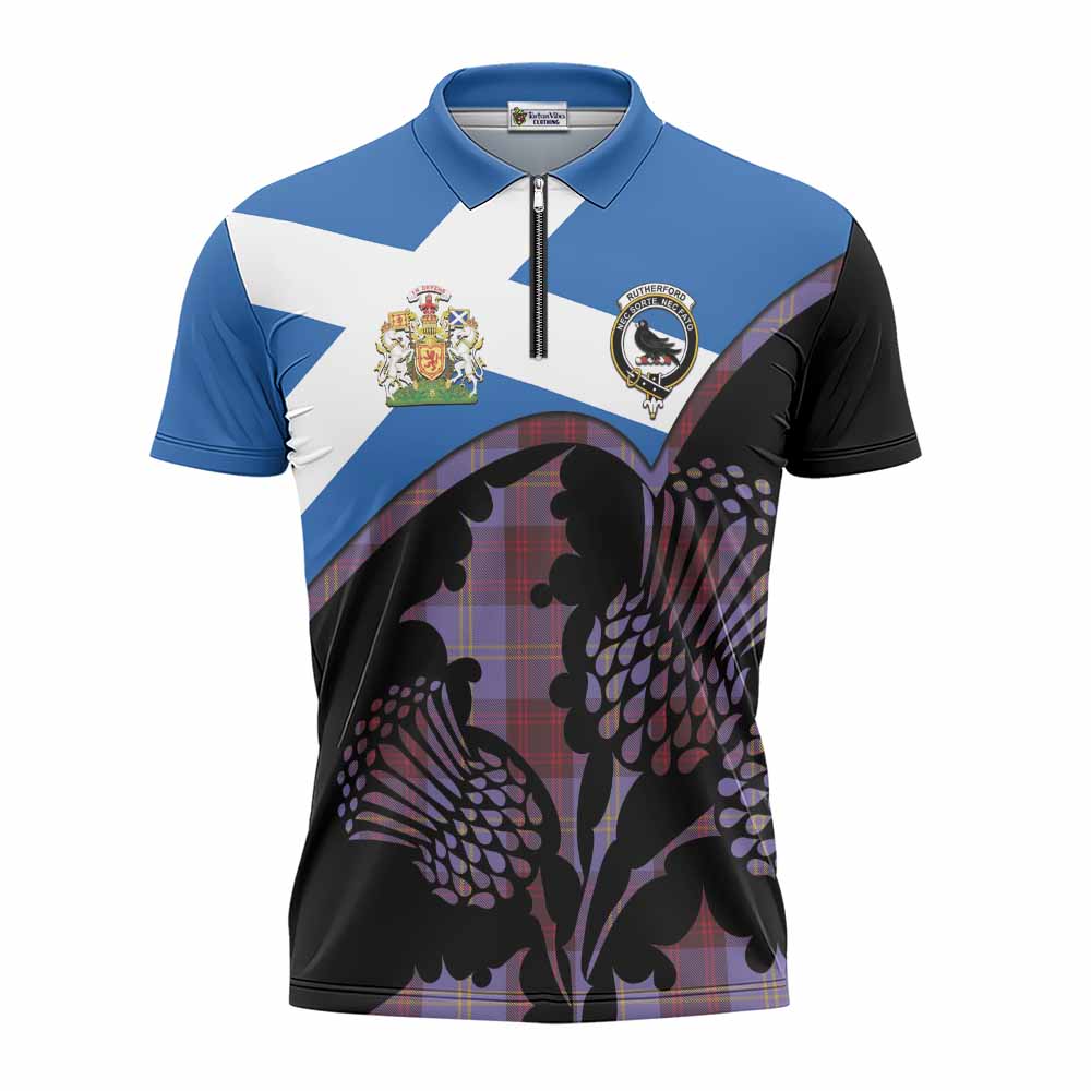 Rutherford Tartan Family Crest Zipper Polo Shirt Scotland Thistle Floral Flag Style