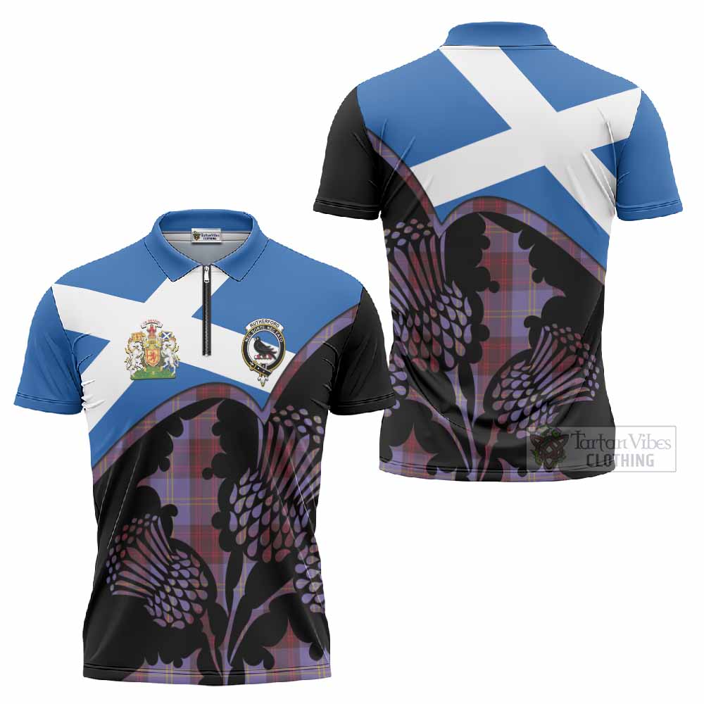 Rutherford Tartan Family Crest Zipper Polo Shirt Scotland Thistle Floral Flag Style