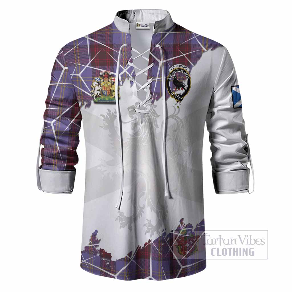 Rutherford Tartan Ghillie Shirt with Family Crest and Lion Rampant Grunge Style