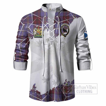 Rutherford Tartan Ghillie Shirt with Family Crest and Lion Rampant Grunge Style