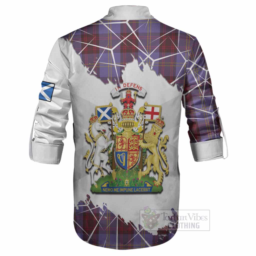 Rutherford Tartan Ghillie Shirt with Family Crest and Lion Rampant Grunge Style